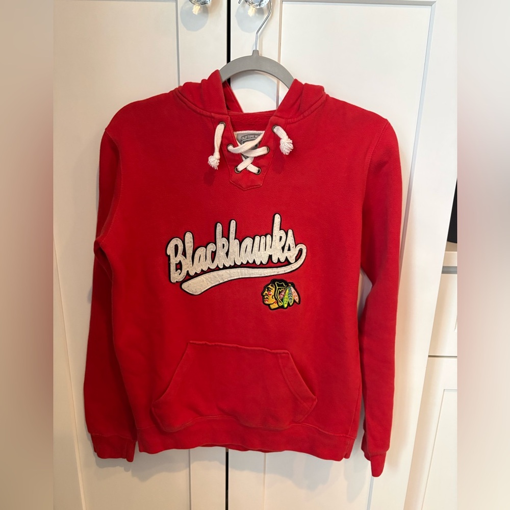 Old Time Hockey Red Hoodie with Lace-Up Neck. Chicago Blackhawks
